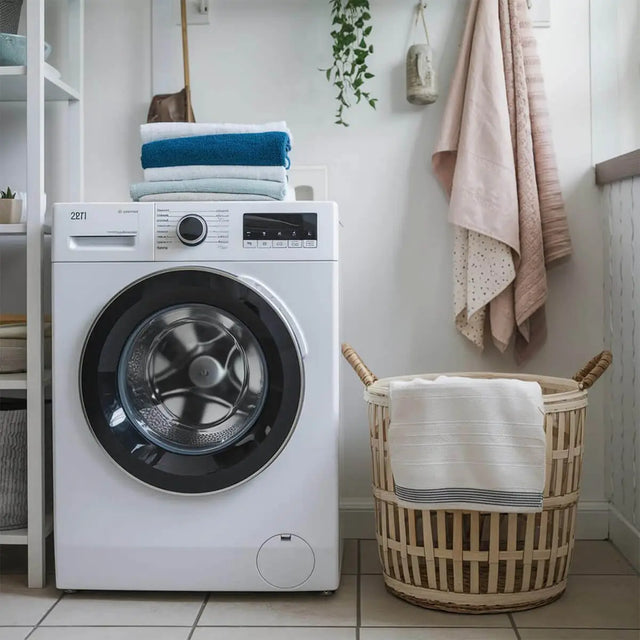 Duurzaam wasmiddel bij een wasmachine met handdoeken in natuurlijke setting