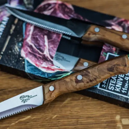 GreenPan Chop & Grill steakmessen – verpakt in doos met merklabel, houten handvatten en kartelblad zichtbaar