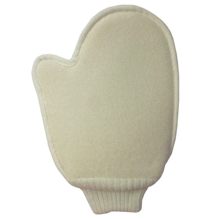 2‑in‑1 sisal scrubhandschoen met zachte katoenzijde voor gezicht en lichaam.