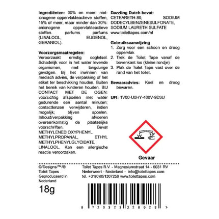 Achterkant FSC‑verpakking van Toilet Tapes Dazzling Dutch