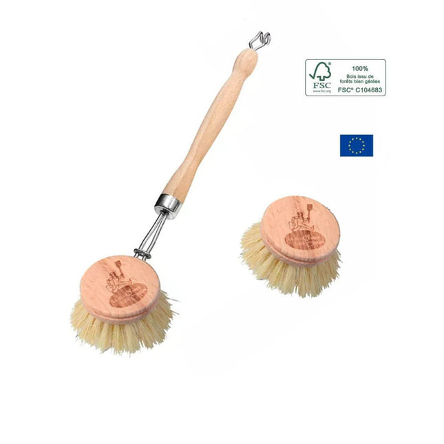 Afwasborstel van FSC-beukenhout met agavevezels, inclusief twee vervangbare borstelkoppen, duurzaam geproduceerd in Europa