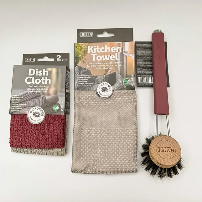 Complete keukenset met microvezel doekjes, theedoek en duurzame afwasborstel