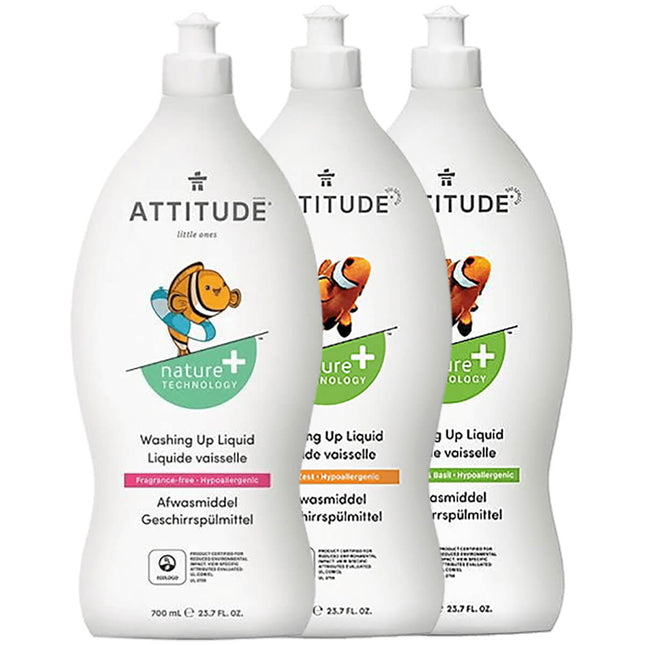 Attitude Afwasmiddel Parfumvrij – natuurlijk schoonmaakmiddel in voordeelverpakking van 3 flessen van 1 liter, geschikt voor gevoelige handen en huid, hypoallergeen.
