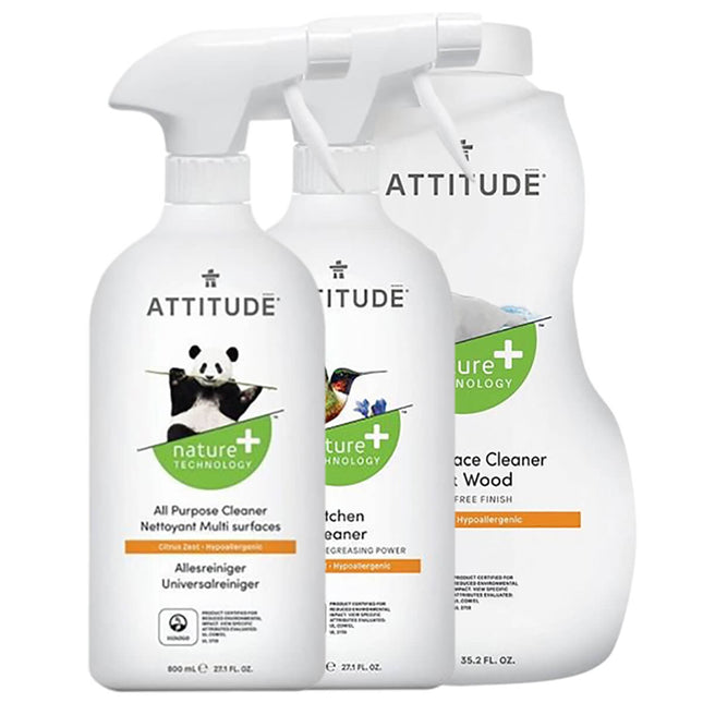 Attitude Schoonmaak Starterspakket – ecologische bundel met drie verschillende natuurlijke reinigers voor een frisse en veilige schoonmaakroutine.