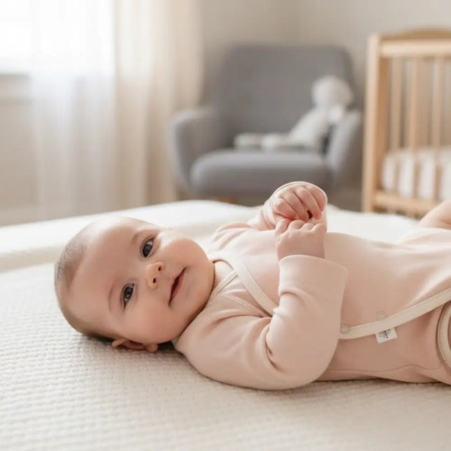 Baby in een zachte biologische katoenen roze Lässig romper