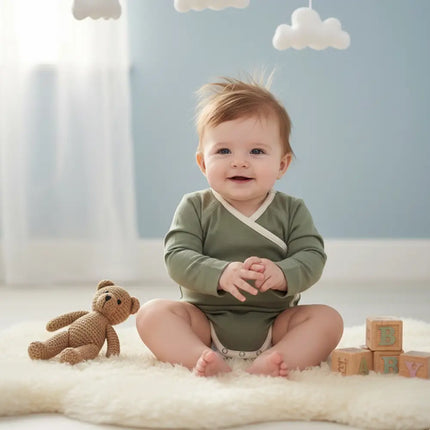 Baby in een  zachte biologische GOTS katoenen romper van Lassig in de kleur olijfgroen