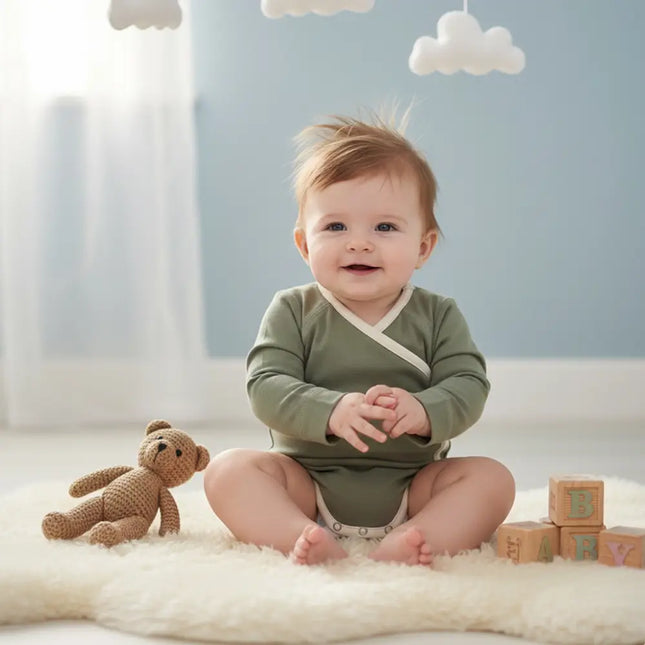 Baby in een  zachte biologische GOTS katoenen romper van Lassig in de kleur olijfgroen