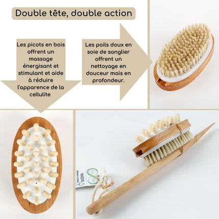 Uitlegafbeelding van dubbelzijdige badborstel – houten noppen voor massage en zwijnenharen voor diepe reiniging, met Franse tekst “Double tête, double action