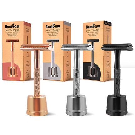 Drie Bambaw metalen veiligheidsscheermessen met houder in zilver, rose-gold en zwart voor zero-waste scheren