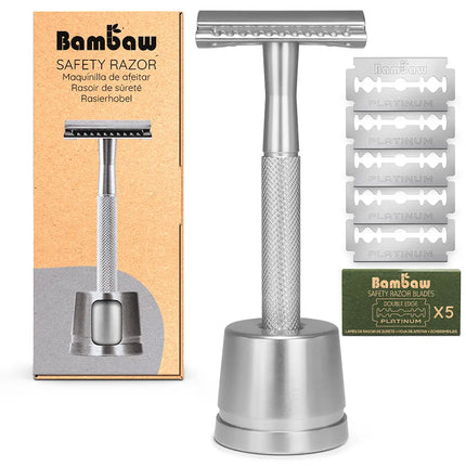 Bambaw metalen veiligheidsscheermes in zilver met houder en platinum double-edge scheermesjes
