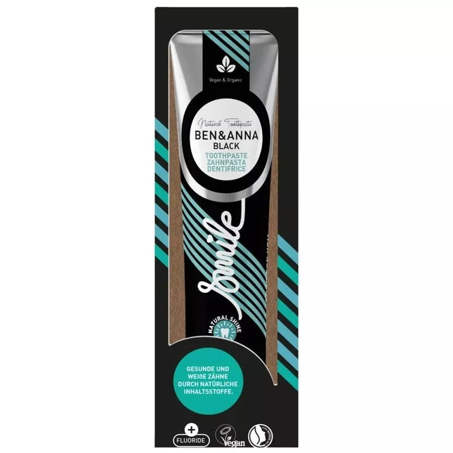Verpakking van Ben & Anna tandpasta Smile Zwart met fluoride – aluminium tube