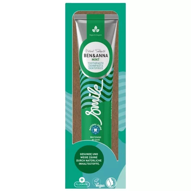 Verpakking van Ben & Anna tandpasta Smile Groene Munt met fluoride – aluminium tube