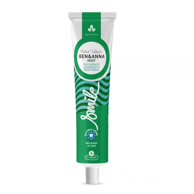 Voorkant van Ben & Anna tandpasta Smile Groene Munt met fluoride – aluminium tube – 75 ml