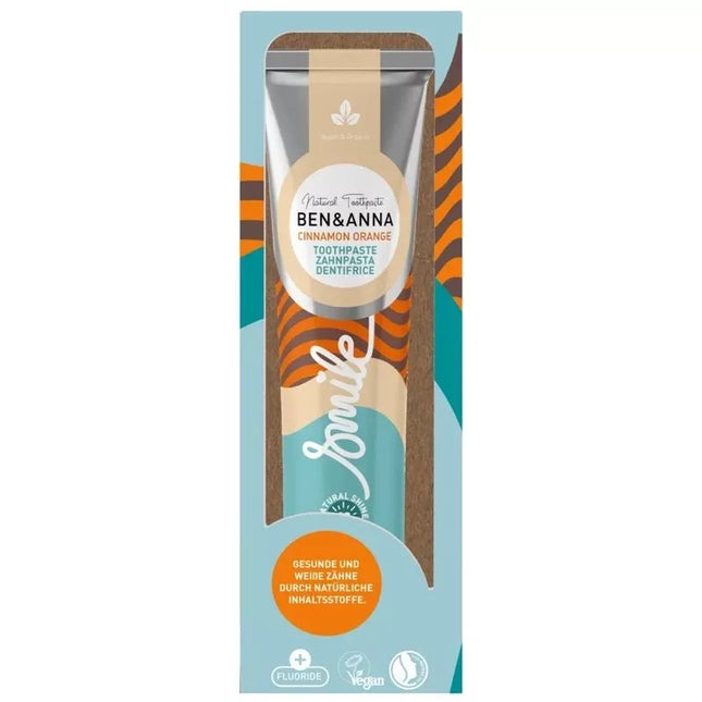 Verpakking van Ben & Anna tandpasta Smile Kaneel Sinaasappel met fluoride – aluminium tube