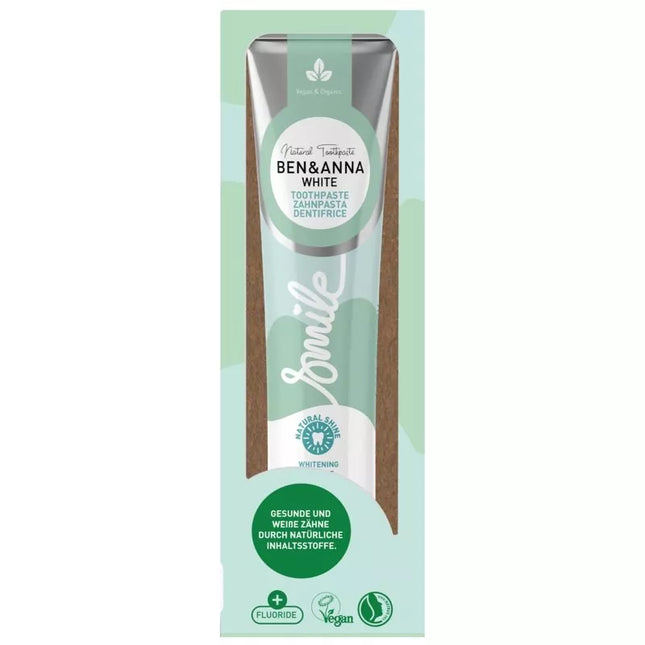 Verpakking van Ben & Anna tandpasta Smile Whitening met fluoride – aluminium tube