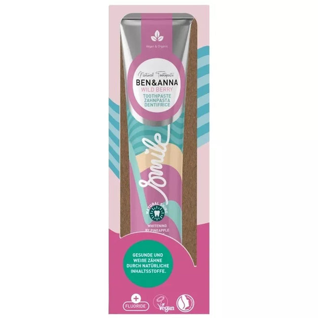 Verpakking van Ben & Anna tandpasta Smile Wildberry met fluoride – aluminium tube