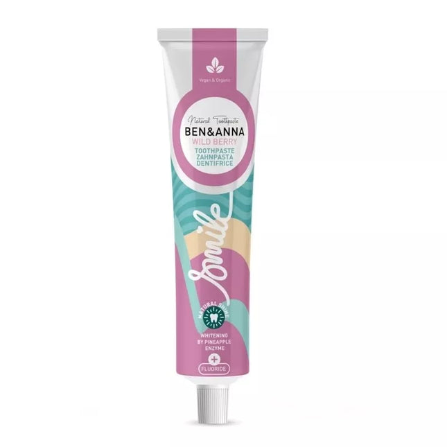 Voorkant van Ben & Anna tandpasta Smile Wildberry met fluoride – aluminium tube – 75 ml