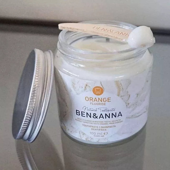 Glazen pot Ben & Anna tandpasta oranje – fruitige fluoride tandpasta