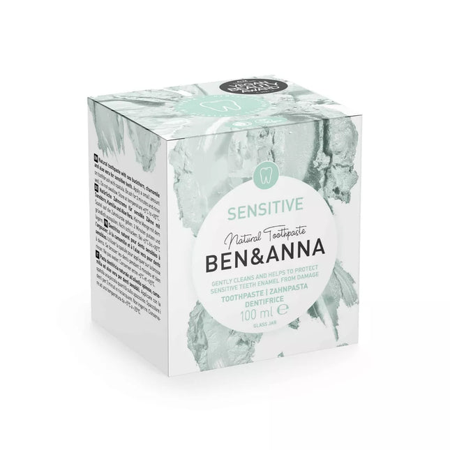 Verpakking van Ben & Anna tandpasta sensitive zonder fluoride – glazen pot