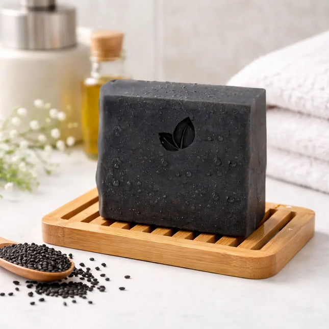 Biologische zeep met zwarte komijnolie, actieve kool en zeezout op een zeeprekje in een badkamer.