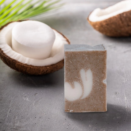 Biologische shampoo bar met ghassoul en kokosolie naast open kokosnoten op een stenen ondergrond
