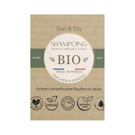 Verpakking van de biologische shampoo bar voor normaal tot vet haar met ghassoul, kokos en ricinusolie van Sun & Sia