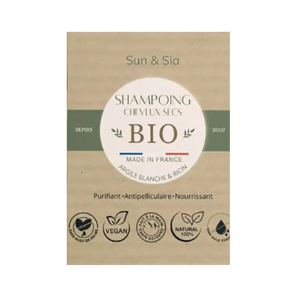 Verpakking van de biologische shampoo bar voor droog haar met witte klei en ricinusolie van Sun & Sia