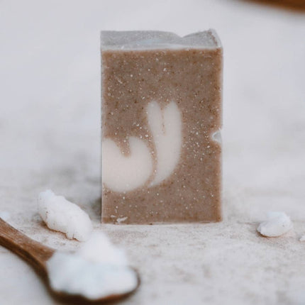 Vaste biologische shampoo tegen droog haar met witte klei en ricinusolie, naast houten lepel met natuurlijk ingrediënt.