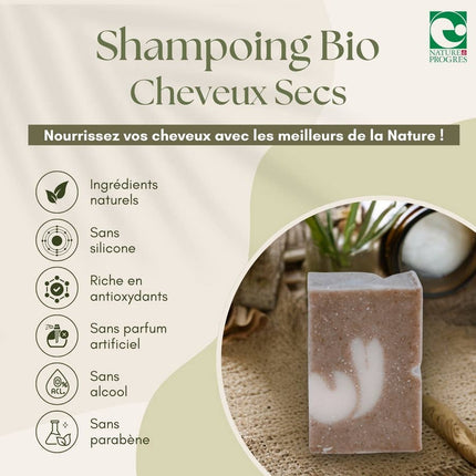 Franstalige advertentie van de biologische shampoo voor droog haar, met claims zoals zonder siliconen, zonder parfum en rijk aan antioxidanten.