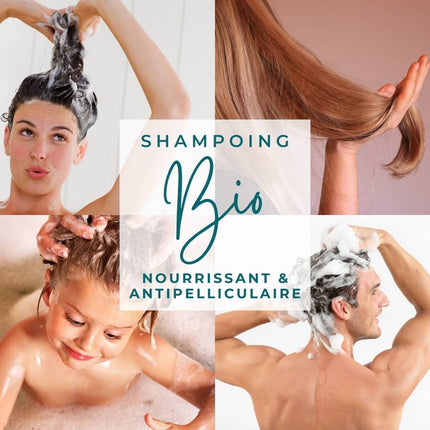 Franstalige advertentie voor biologische shampoo met beelden van mensen die hun haar wassen. Voedt het haar en helpt tegen roos.