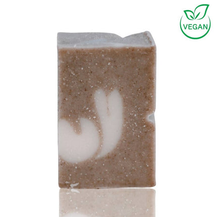 Vaste biologische shampoo tegen droog haar met marmerbruine textuur en vegan-logo. Plantaardig, zonder dierlijke ingrediënten.