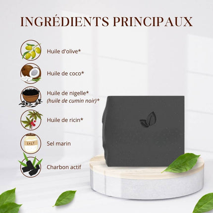 Biologische zeep met zwarte zaadolie, actieve kool en zeezout. Reinigt, verzacht en hydrateert de gevoelige huid. Handgemaakt & vegan.