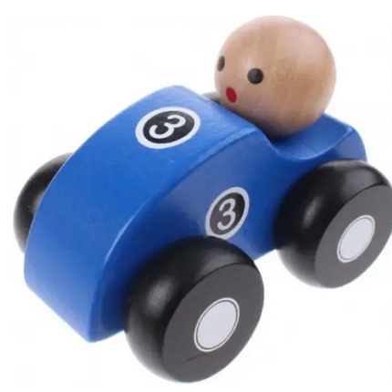 Houten raceauto van Jouéco in het blauw, stevig speelgoed voor peuters.