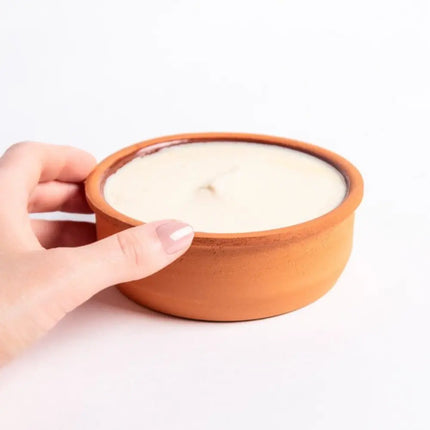 Hand houdt terracotta kom met vaste afwaszeep voor afwassen.