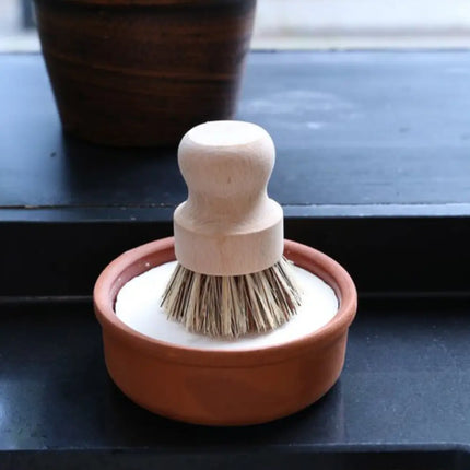 Terracotta kom met vaste afwaszeep gestyled naast plant en afwasborstel.