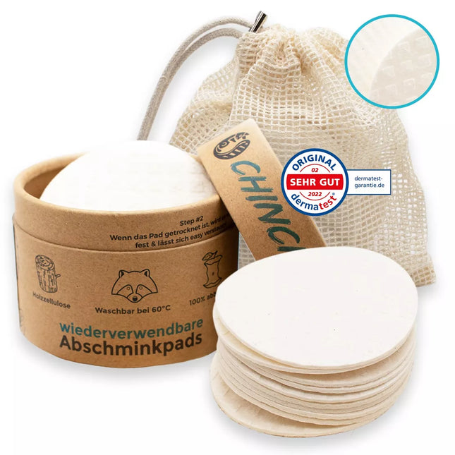 Herbruikbare make-up removal pads van Chinchilla met eco-label, vegan en plasticvrij alternatief voor wegwerp wattenschijfjes.