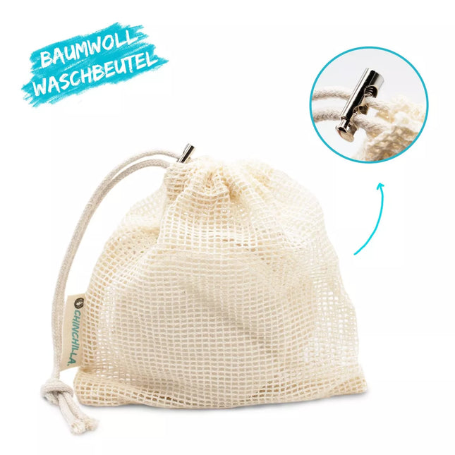 Herbruikbare make-up removal pads van Chinchilla in waszakje, geschikt voor wassen tot 90°C.