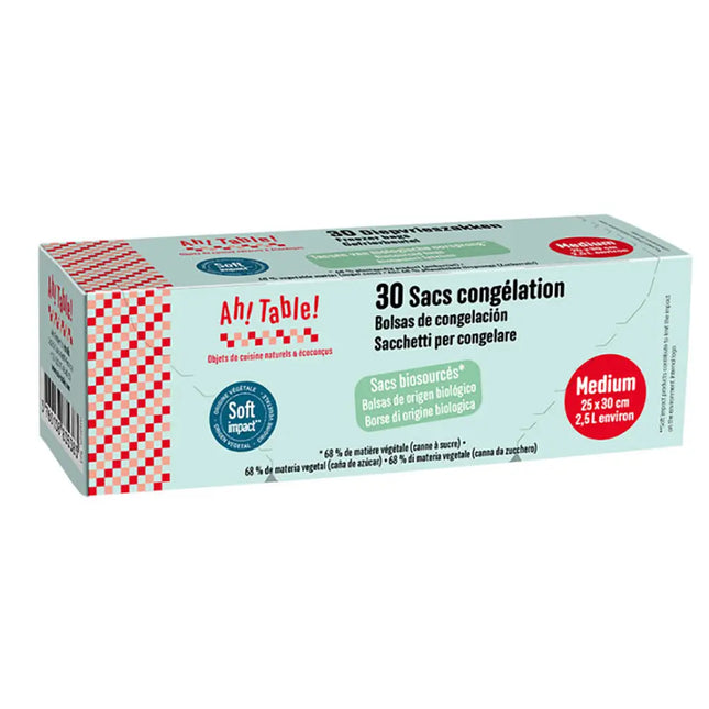 Verpakking van Ah! Table! diepvrieszakken van bioplastic, maat medium (25x30 cm), 30 stuks – milieuvriendelijk en BPA-vrij