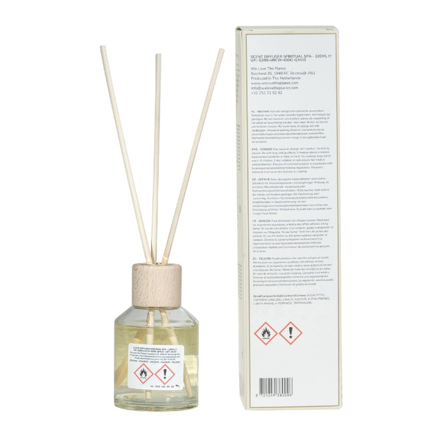 Verpakking en flesje van de diffuser Spiritual Spa – 100ml natuurlijke geurolie aan de achterkant