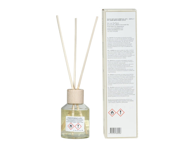 Verpakking en flesje van de diffuser Spiritual Spa – 100ml natuurlijke geurolie aan de achterkant
