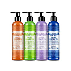 Dr. Bronner’s Bodylotion – complete set van 4 varianten: Pepermunt, Lavendel Kokosnoot, Patchouli Lime en Sinaasappel Lavendel – biologisch en vegan – 240 ml per flacon