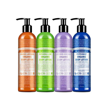Dr. Bronner’s Bodylotion – complete set van 4 varianten: Pepermunt, Lavendel Kokosnoot, Patchouli Lime en Sinaasappel Lavendel – biologisch en vegan – 240 ml per flacon
