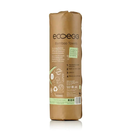 EcoEgg Bamboo Towels in kraftpapieren verpakking met groene bamboeprint – herbruikbare en plasticvrije keukenrol