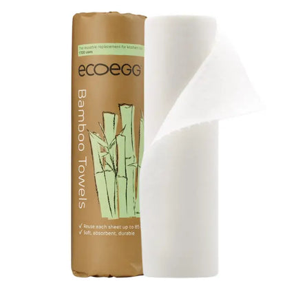 EcoEgg Bamboo Towels in kraftpapieren verpakking met groene bamboeprint – met daarnaast een herbruikbare en plasticvrije keukenrol