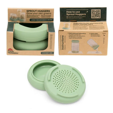 Food Huggers Sprout Hugger Sage Green met onderdelen, verpakking en gebruiksaanwijzing voor kiemgroenten kweken