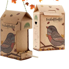 Voorzijde en zijkant verpakking met illustratie van vogel en herfstbladeren – Freiluftbuffet biologisch vogelvoer