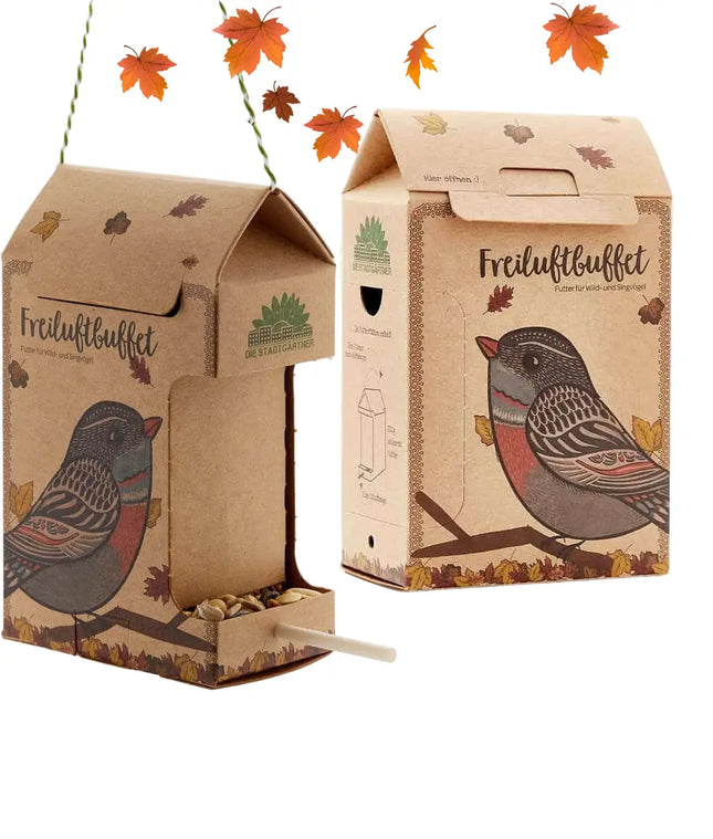 Voorzijde en zijkant verpakking met illustratie van vogel en herfstbladeren – Freiluftbuffet biologisch vogelvoer