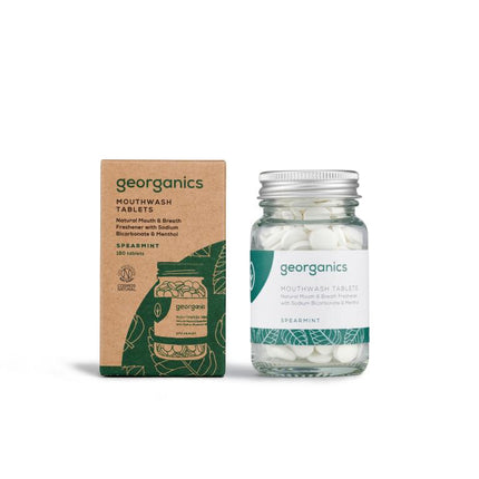Georganics mondwatertabletten Spearmint in glazen pot met verpakking, 180 stuks