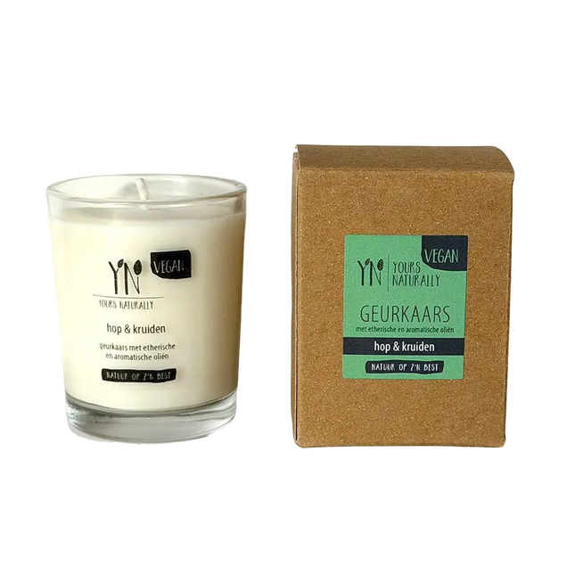 Geurkaars Hop & Kruiden van Yours Naturally in glas met bijpassende verpakking