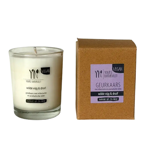 Geurkaars Wilde Vijg & Druif van Yours Naturally in glas met bijpassende verpakking